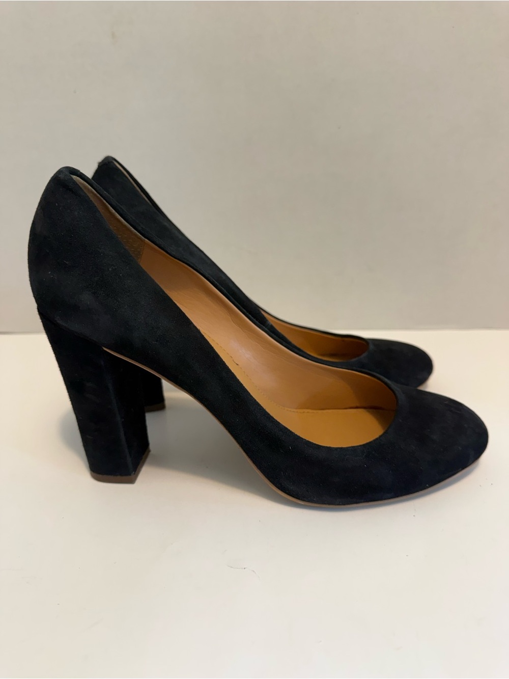 J Crew black suede solid round toe block heel slip on pump women's shoes